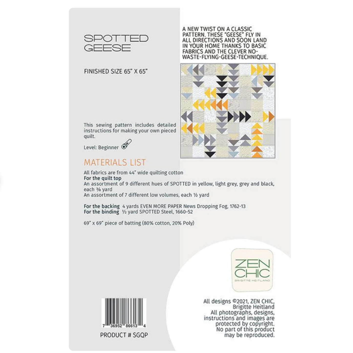 Quilt sewing pattern packaging with text and fabric swatch on a white background