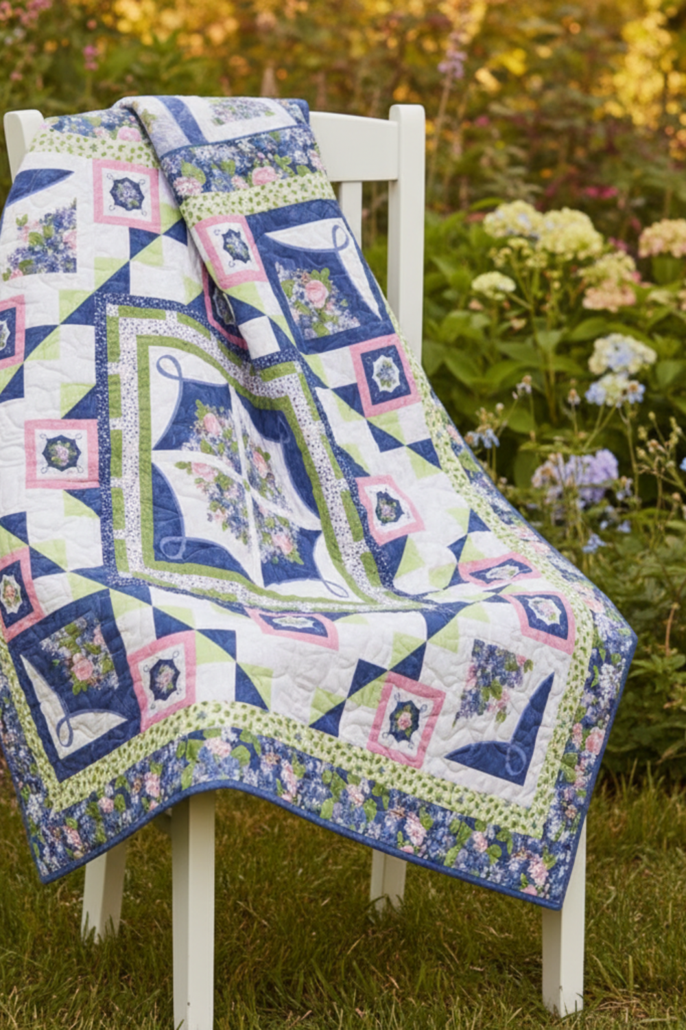 Quilt with floral patterns and geometric designs on a white background