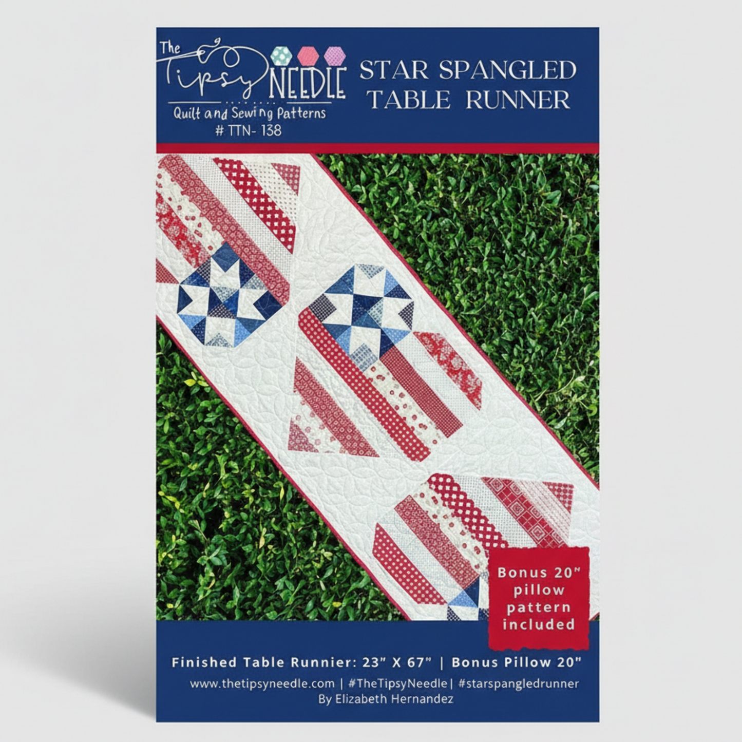 Star Spangled Table Runner pattern by The Tipsy Needle on a grass background