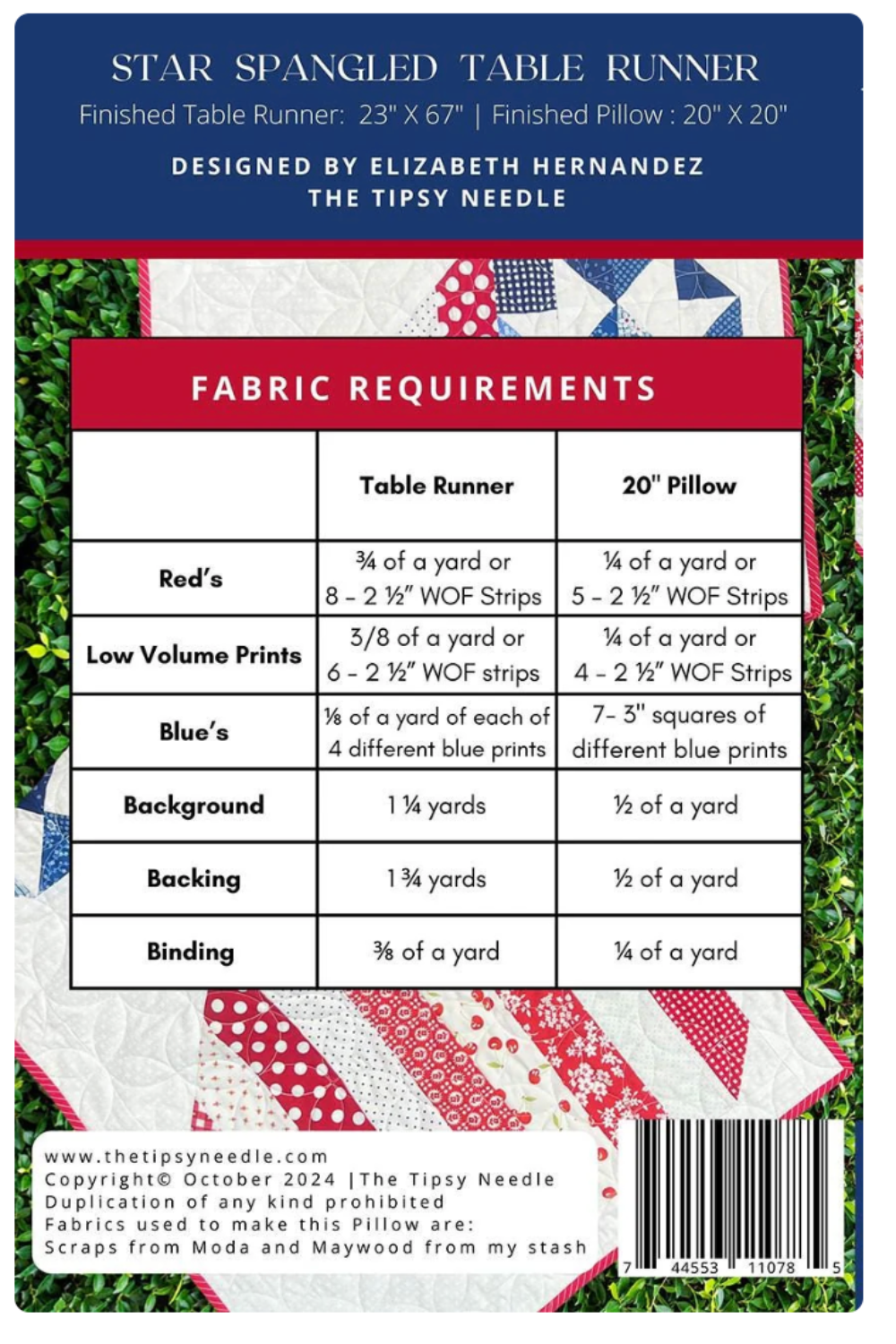Fabric requirement chart for a Star Spangled table runner and pillow design by Elizabeth Hernandez of The Tipsy Needle.