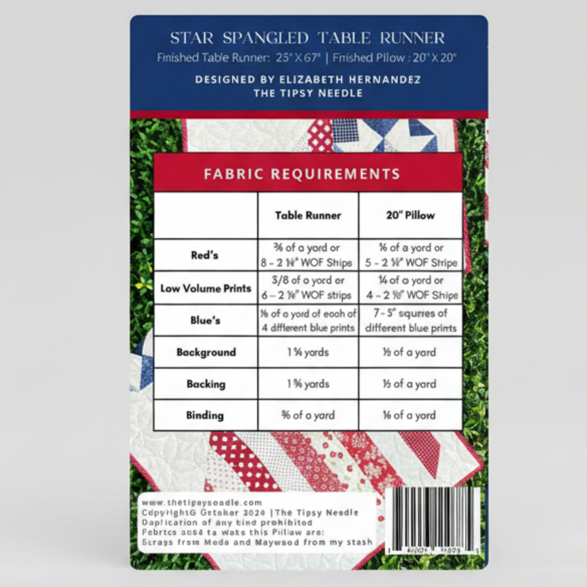 Fabric requirement chart for a Star Spangled table runner and pillow design by Elizabeth Hernandez The Tipsy Needle.