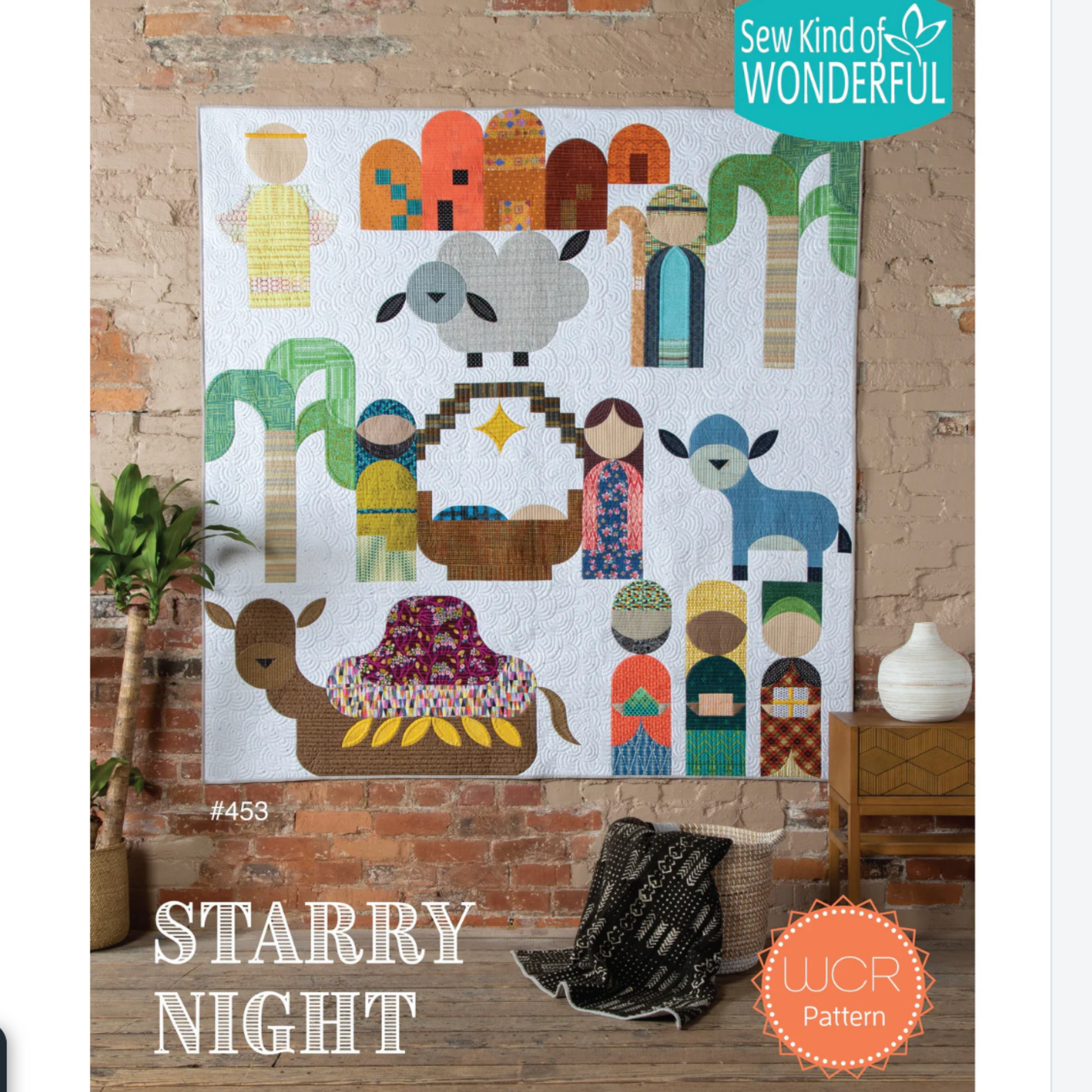 Quilt pattern titled 'Starry Night' by Sew Kind of Wonderful on a brick wall background.