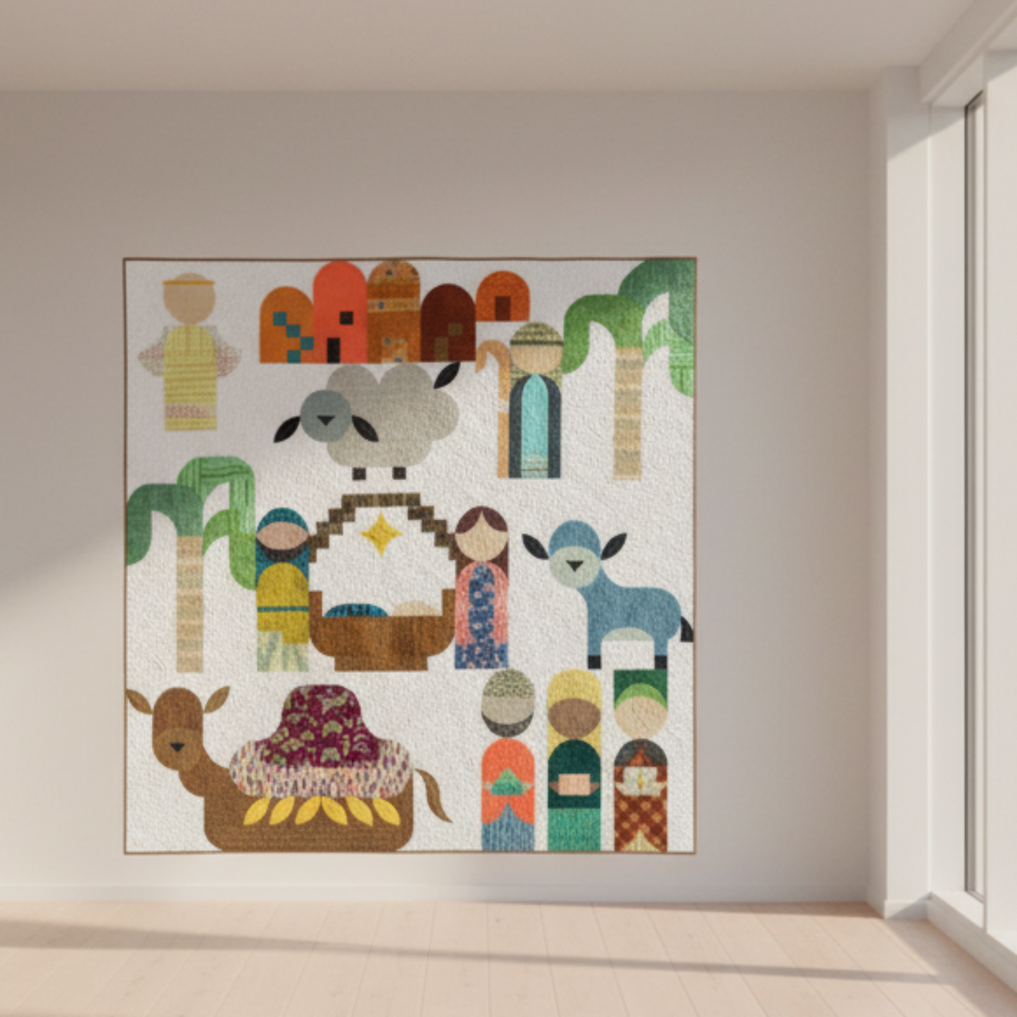 Colorful nativity scene wall quilt in a room with a window.