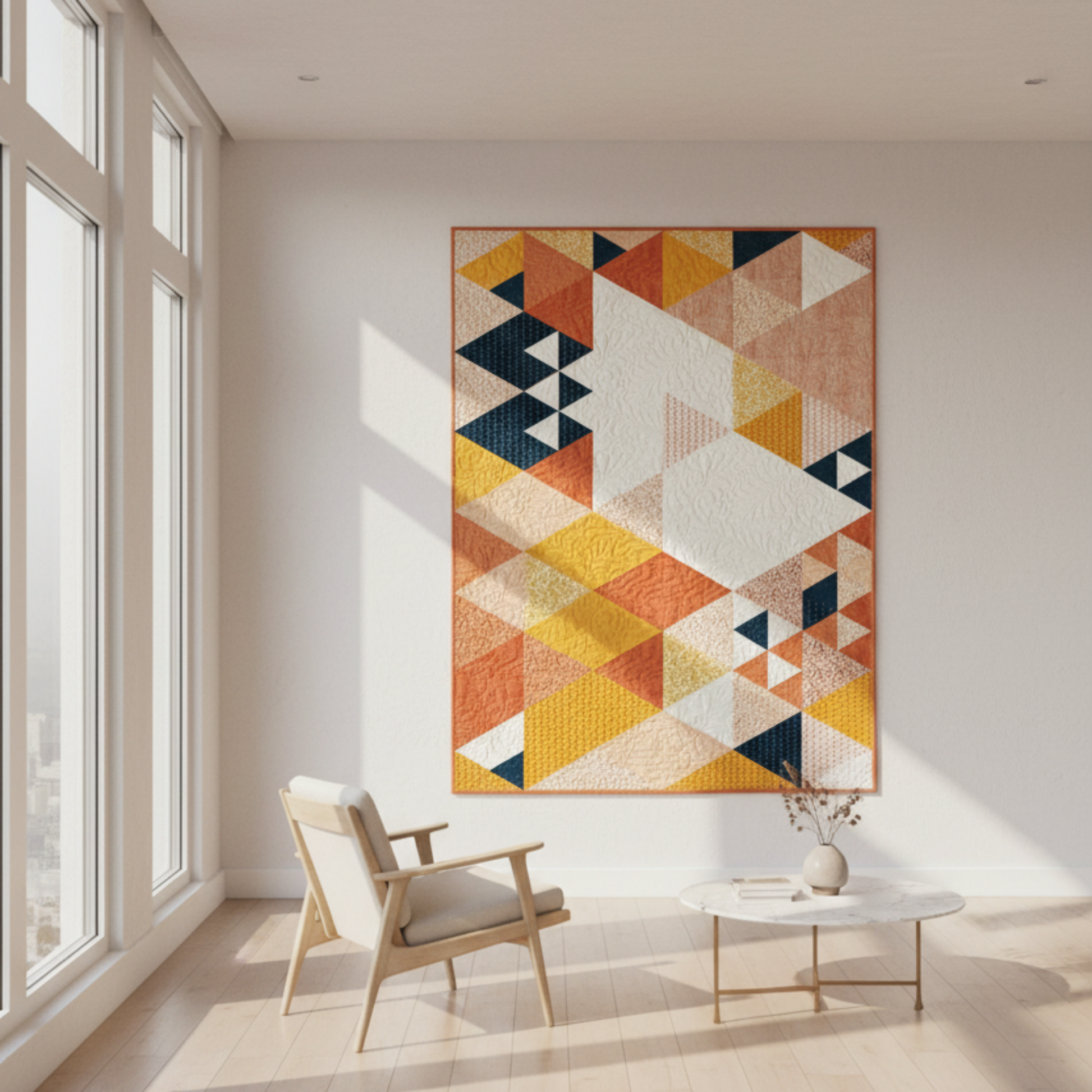 Modern living room with a geometric patterned wall art piece.