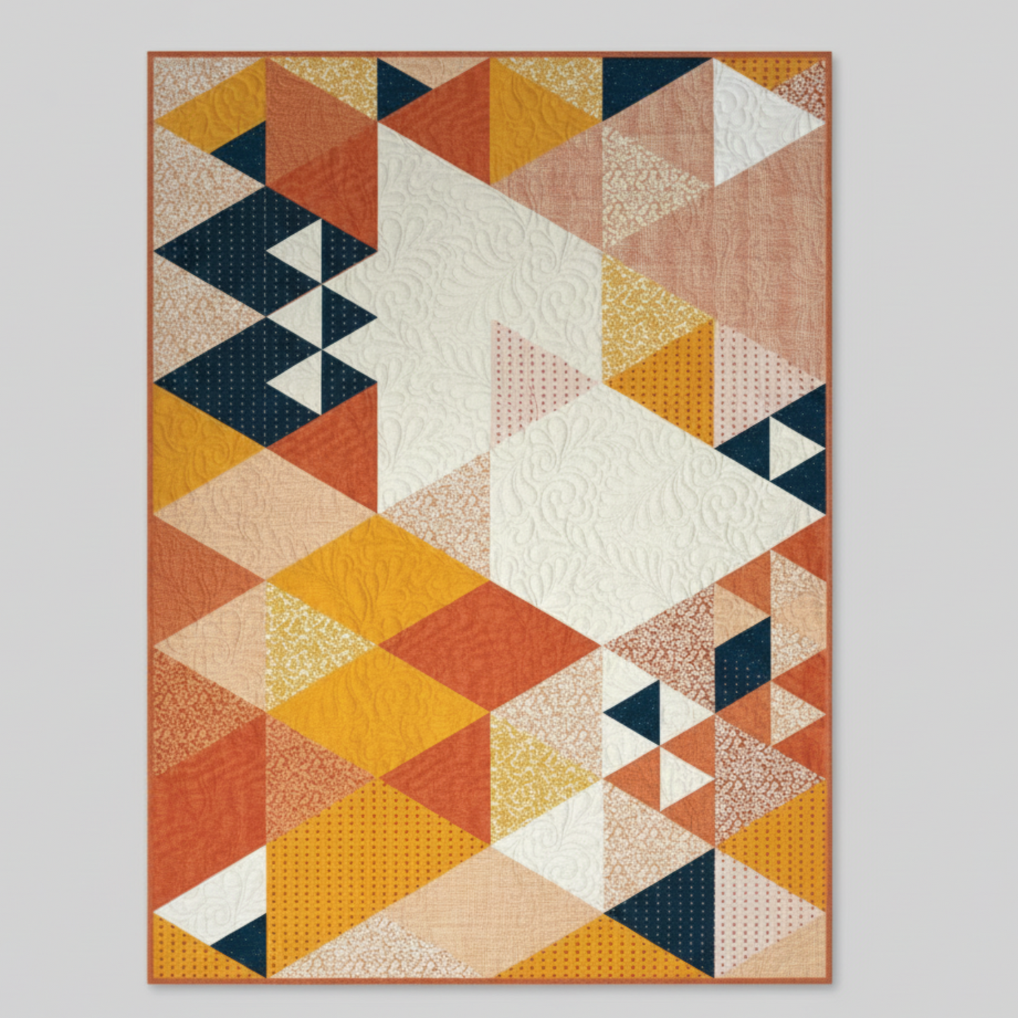 Geometric patterned quilt with 'Summertime' text and Zen Chic logo on a pink wall.