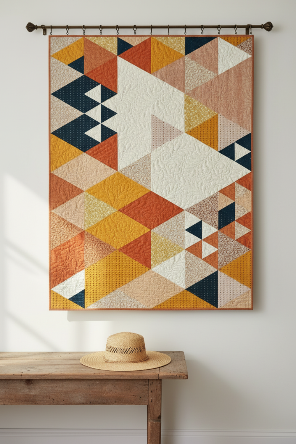 Colorful geometric quilt hanging on a wall above a wooden table with a hat.