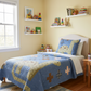 Bedroom with a bed covered in a blue quilt, shelves with toys, and a window.