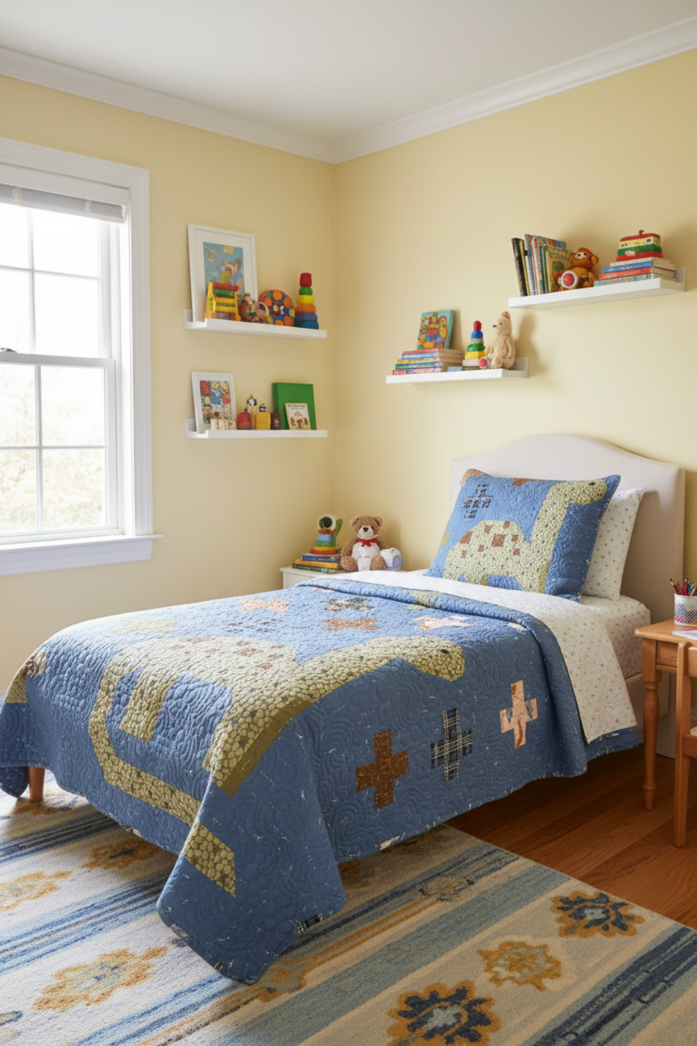Bedroom with a bed covered in a blue quilt, shelves with toys, and a window.