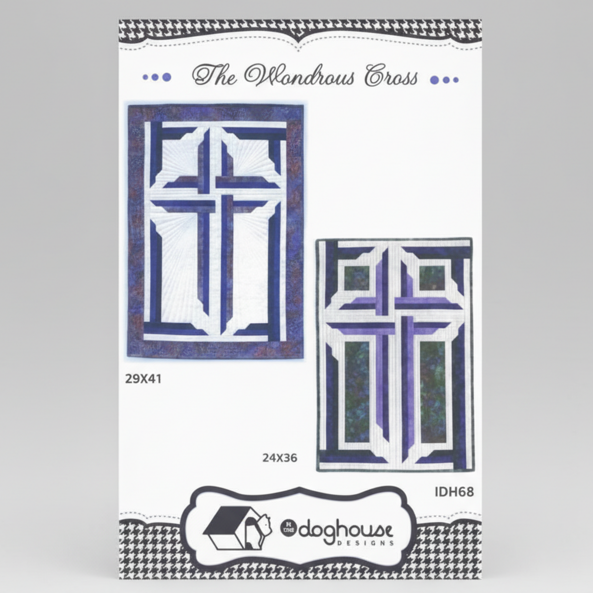 Two cross-shaped cutouts with measurement details on a white background, featuring the Doghouse Design logo.