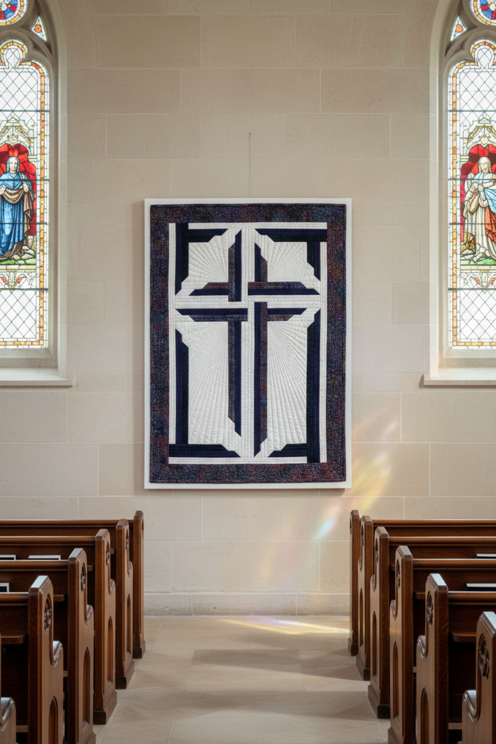 Decorative cross design on a quilt with black, white, and brown colors.