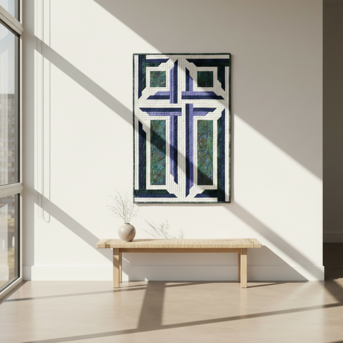 Geometric design with blue and white patterns on a light blue background