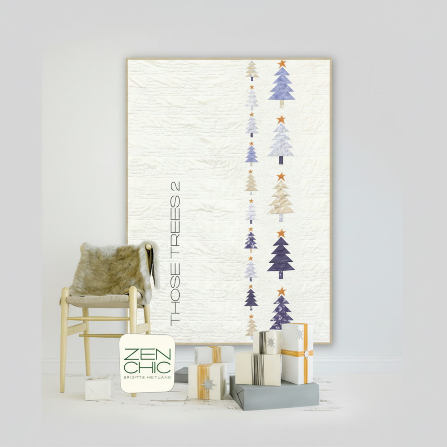 Decorative wall art with tree patterns and 'Zen Chic' branding on a white background.