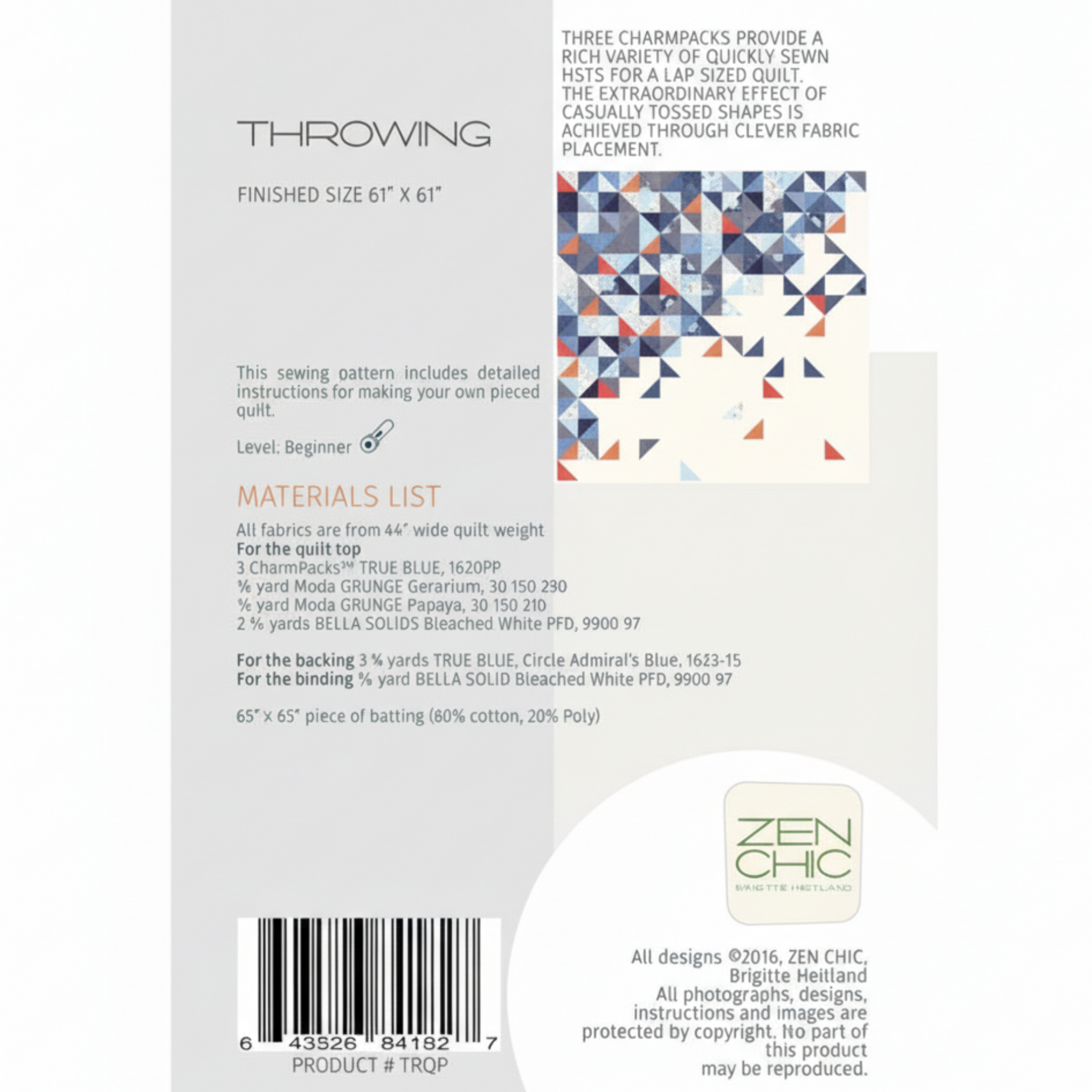 Sewing pattern packaging with text and fabric swatch on a white background