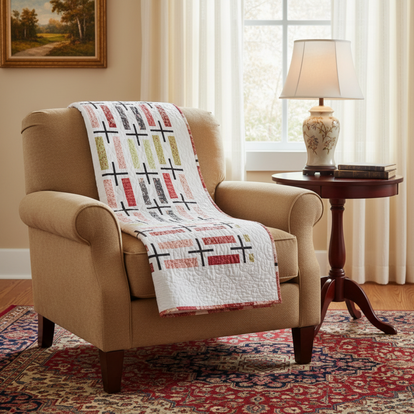 Bed with a colorful geometric quilt in a bright bedroom