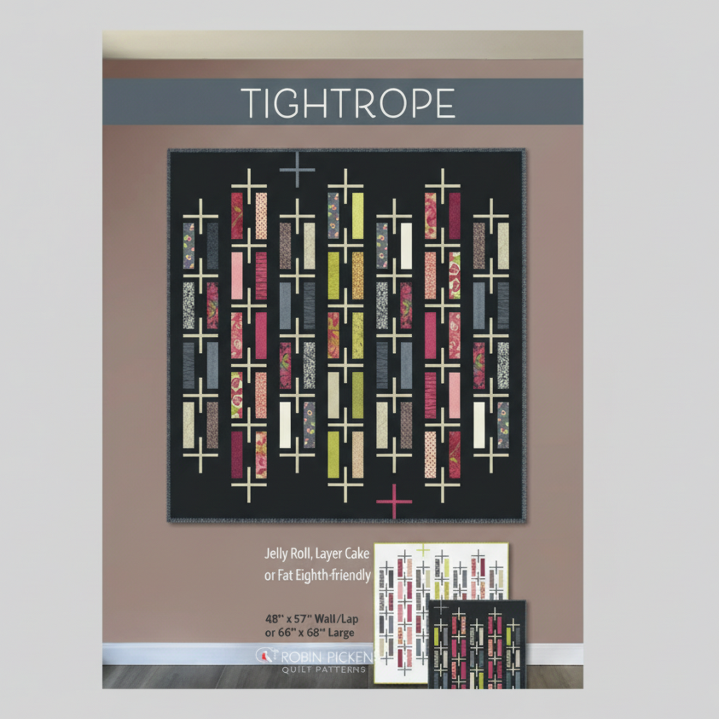 Robin Pickens quilt pattern display with a chair and wall art