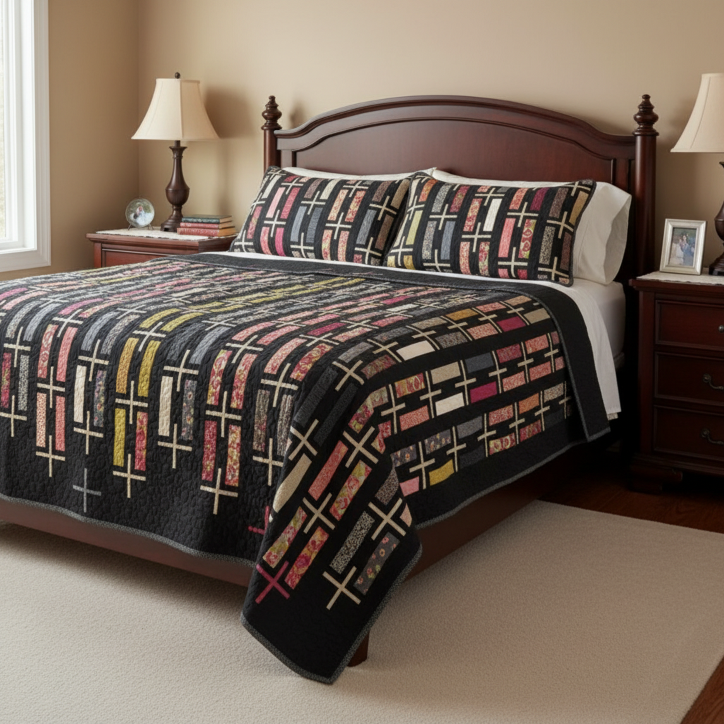 Bedroom with a bed featuring a patterned comforter and pillows.