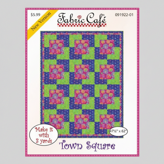 Quilt pattern packaging from Fabric Cafe with colorful quilt design and pricing information.