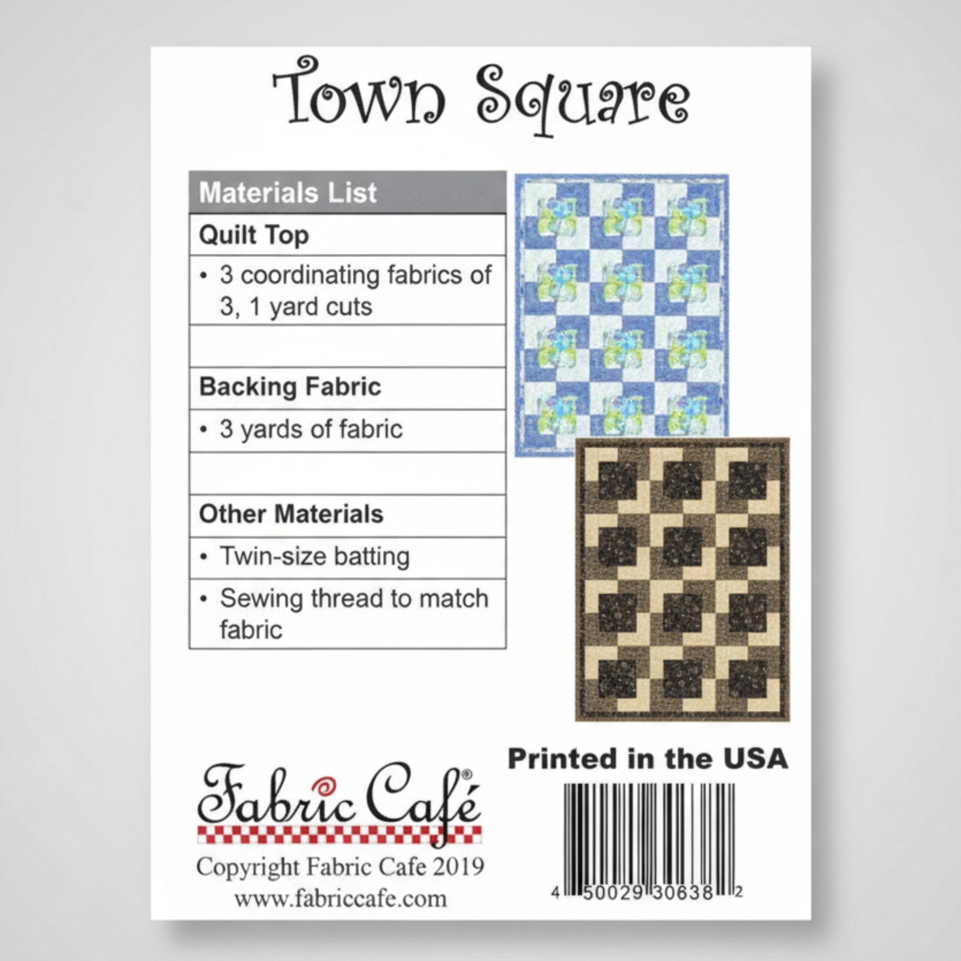 Fabric Cafe pattern card for 'Town Square' quilt with fabric swatches and material list.