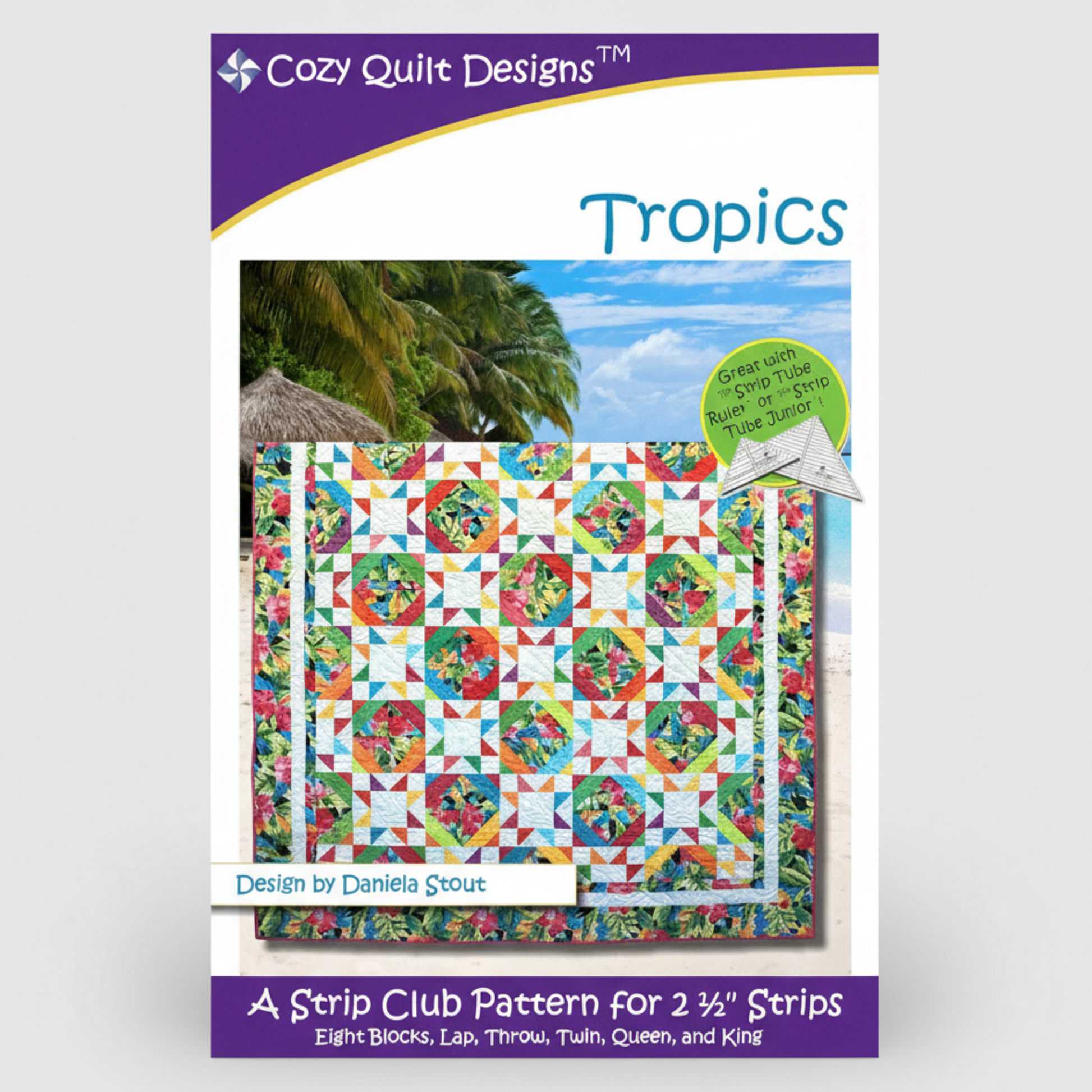 Cozy Quilt Designs Tropics quilt pattern packaging with a colorful quilt design on a white background.