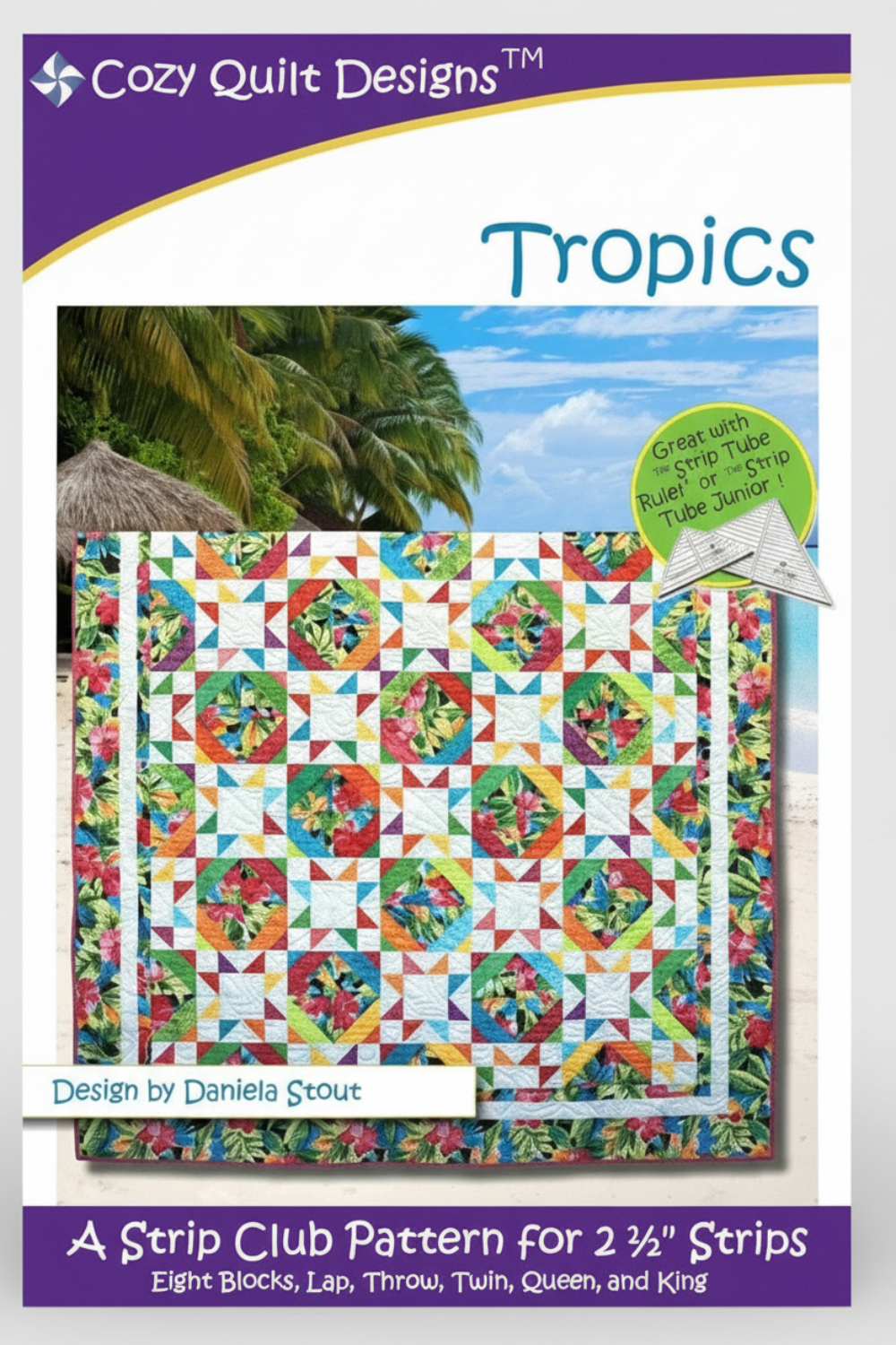 Cozy Quilt Designs Tropics quilt pattern with colorful design and palm tree background
