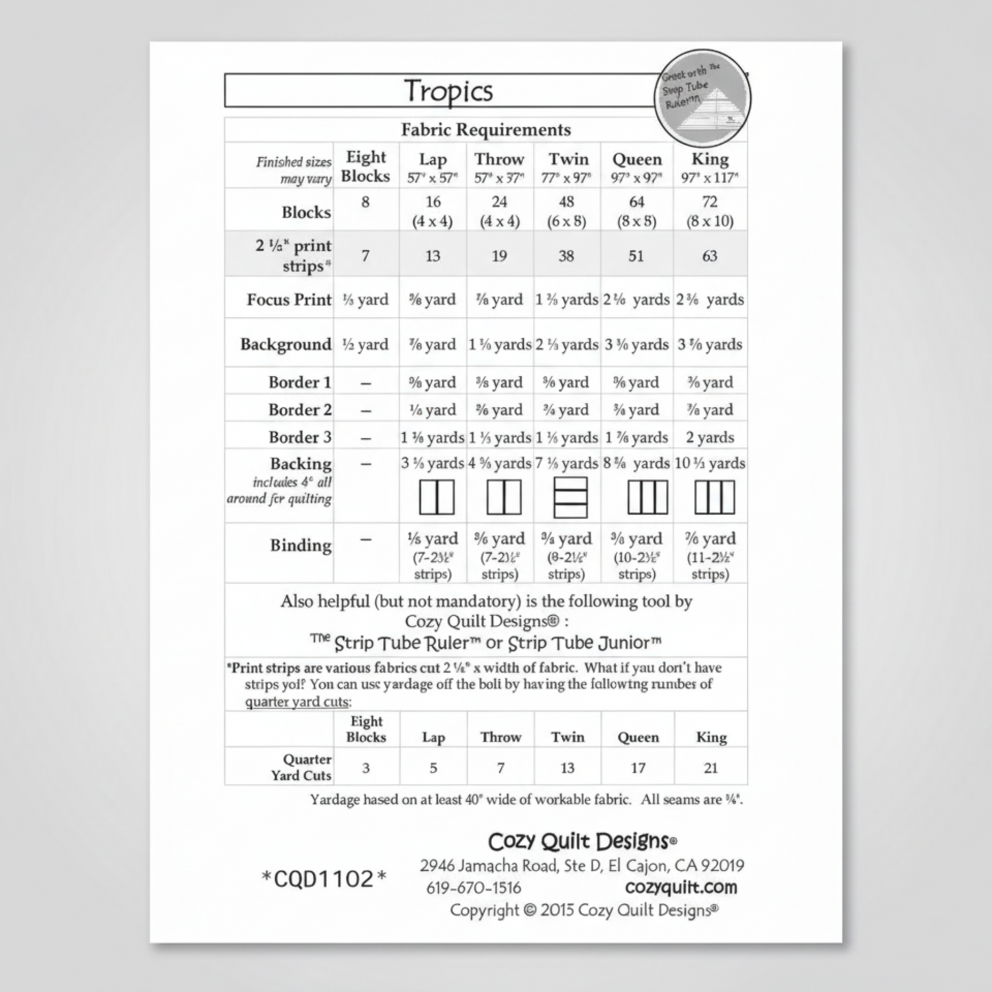 Fabric requirements chart for a quilt project by Cozy Quilt Designs on a white background.