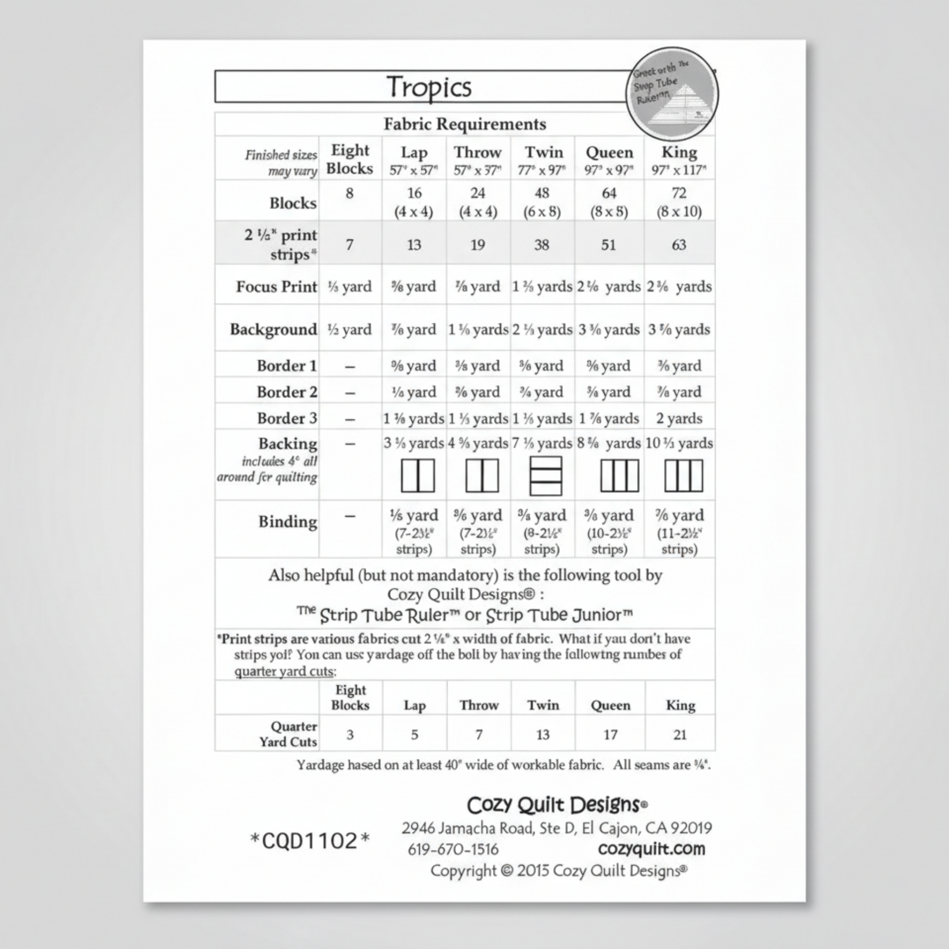 Fabric requirements chart for a quilt project by Cozy Quilt Designs on a white background.