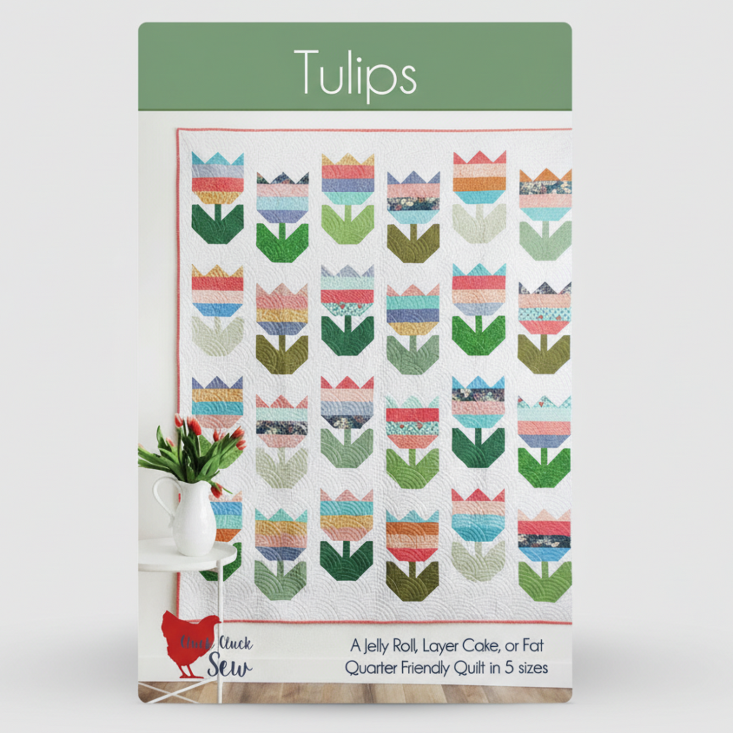 Quilt pattern packaging with tulip design and 'Black & Sew' branding.