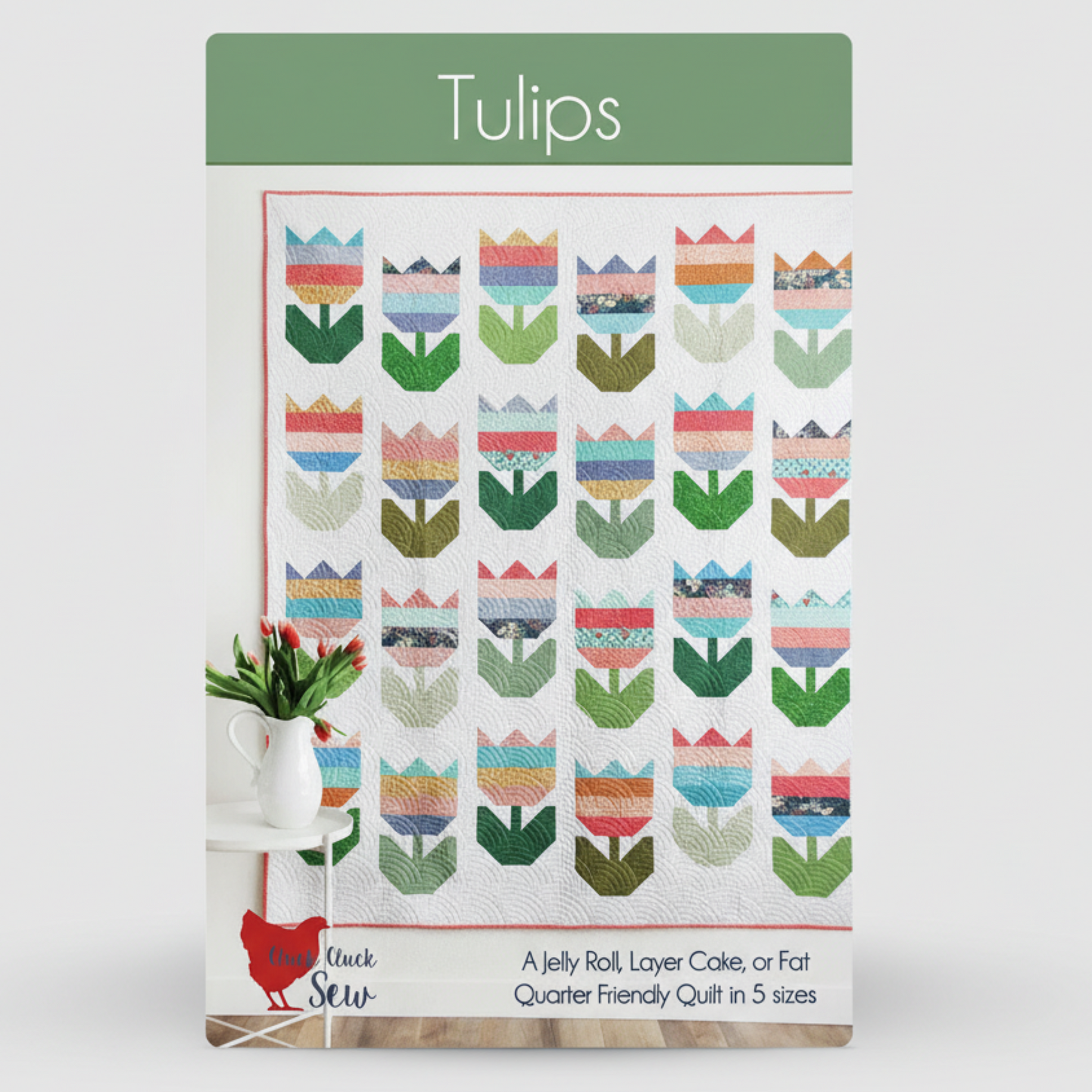 Quilt pattern packaging with tulip design and 'Black & Sew' branding.