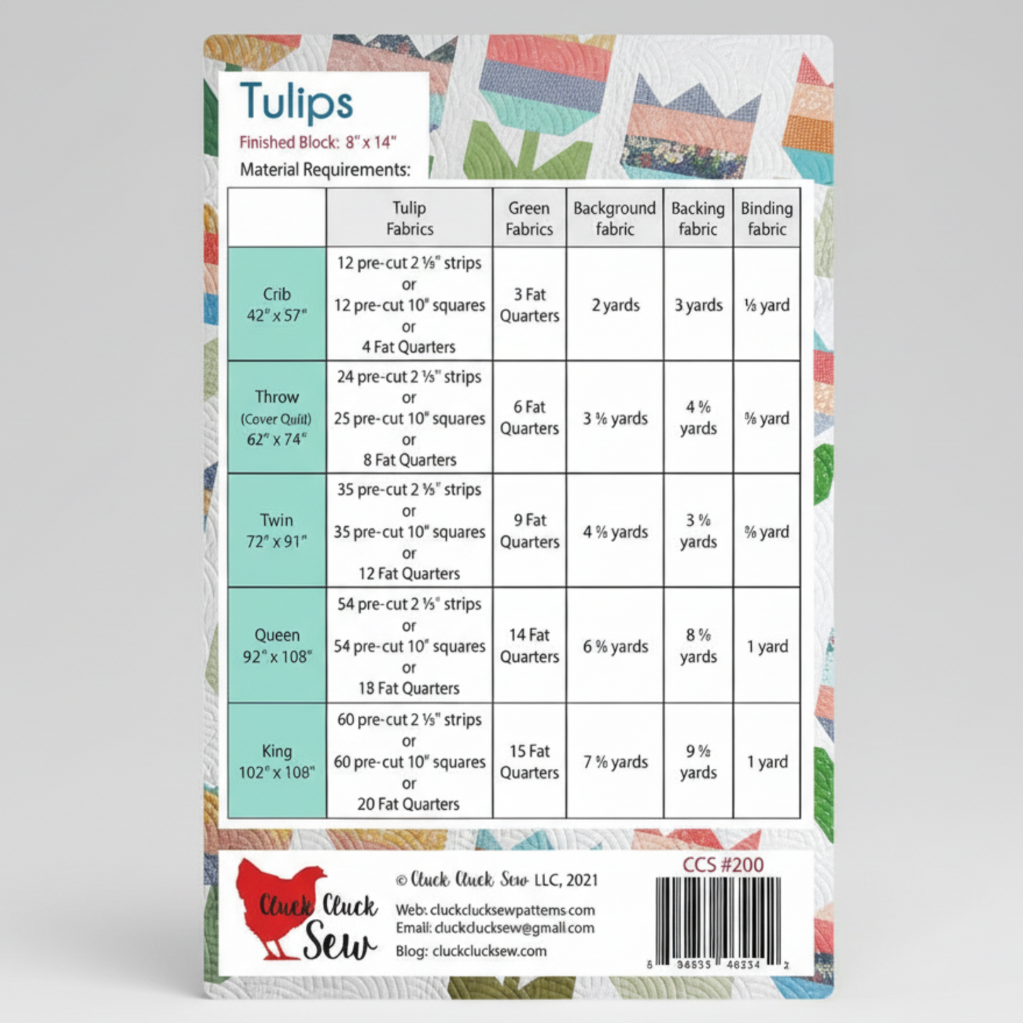 Fabric requirement chart for quilt blocks with colorful design elements.