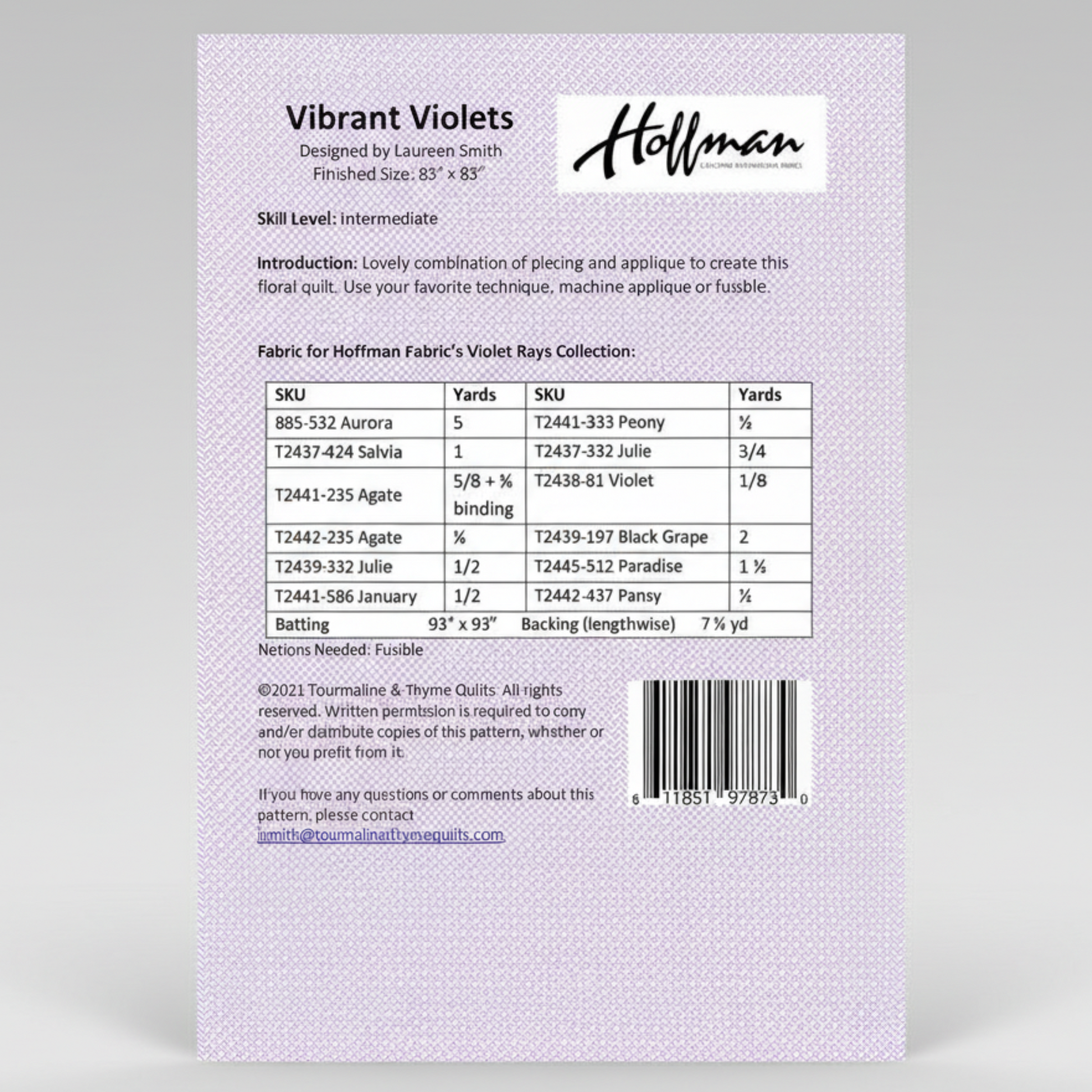 Pattern sheet for 'Vibrant Violets' quilt by Hoffman Fabrics on a light purple background.