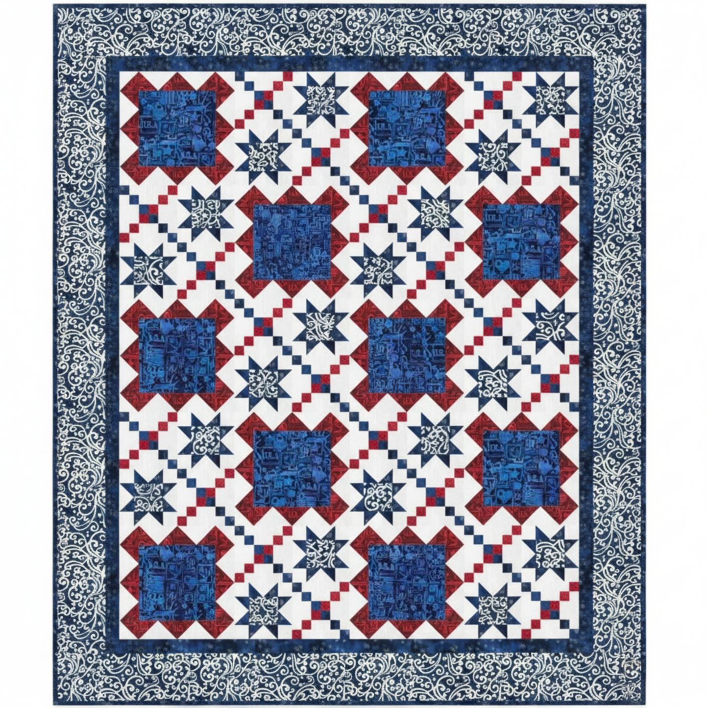 Quilt with a geometric pattern featuring blue, red, and white squares on a white background.