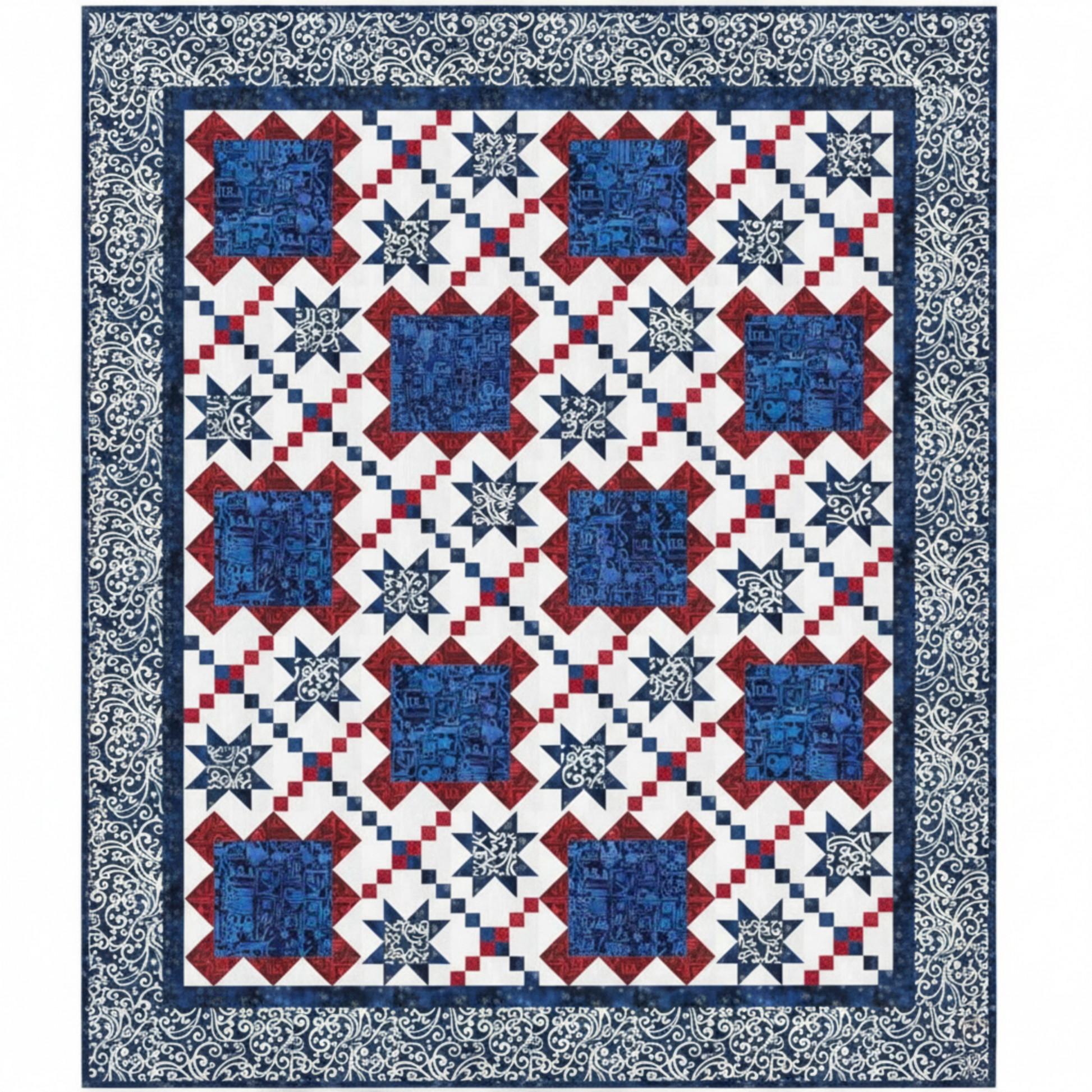Quilt with a geometric pattern featuring blue, red, and white squares on a white background.