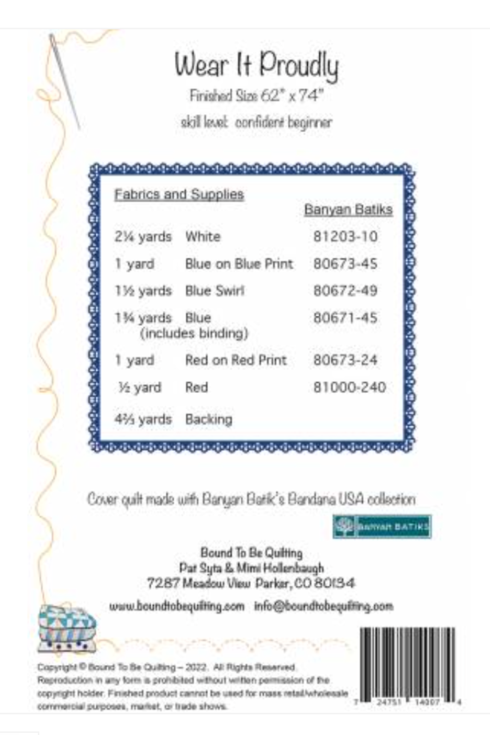 Fabric and supplies list for a quilt project with Banyan Batiks branding.