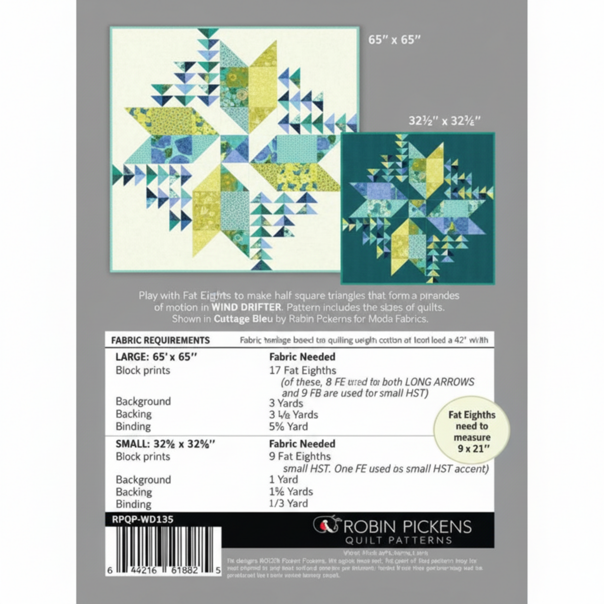 Quilt pattern packaging with fabric requirements and design details.