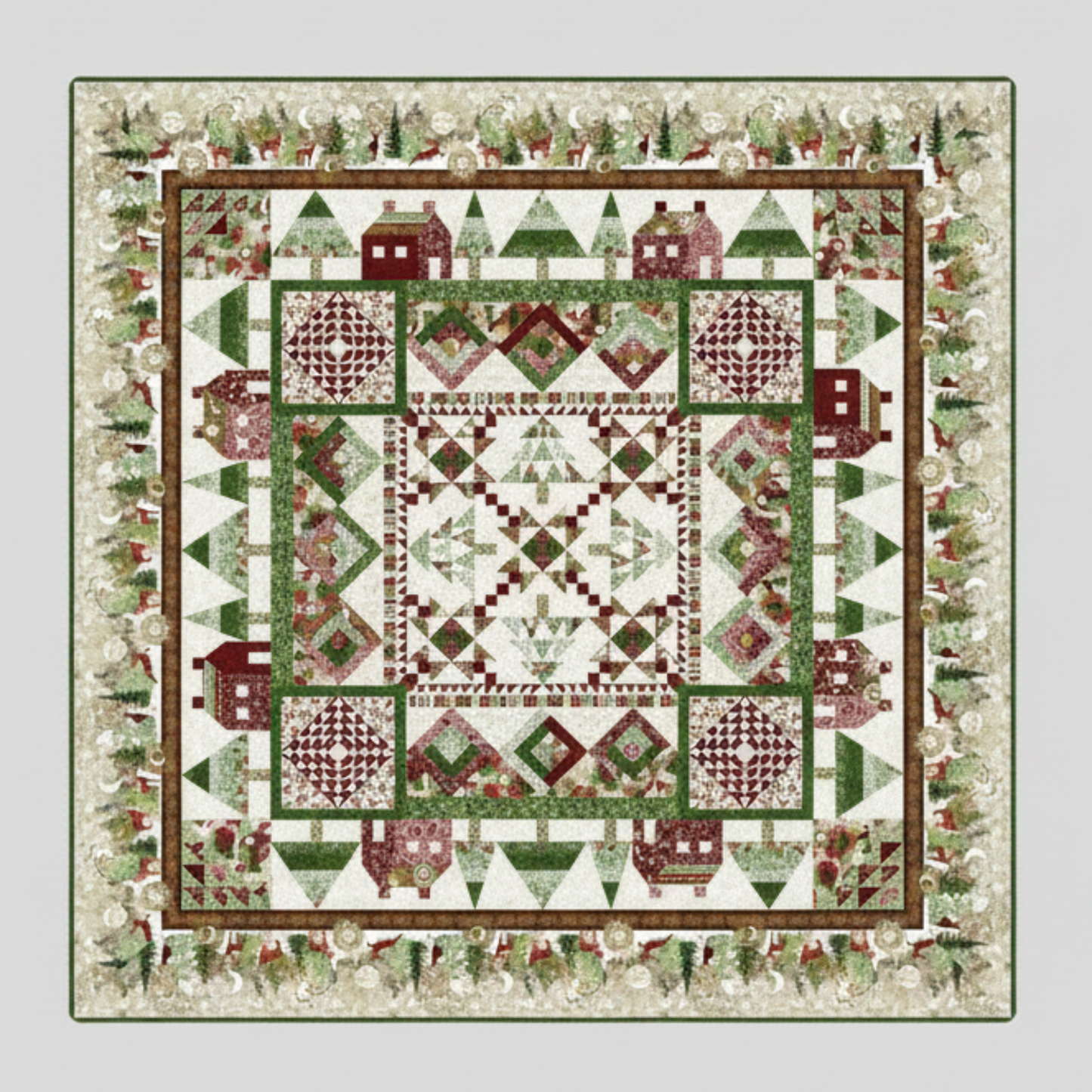 Quilt with a festive pattern featuring houses and trees on a white background