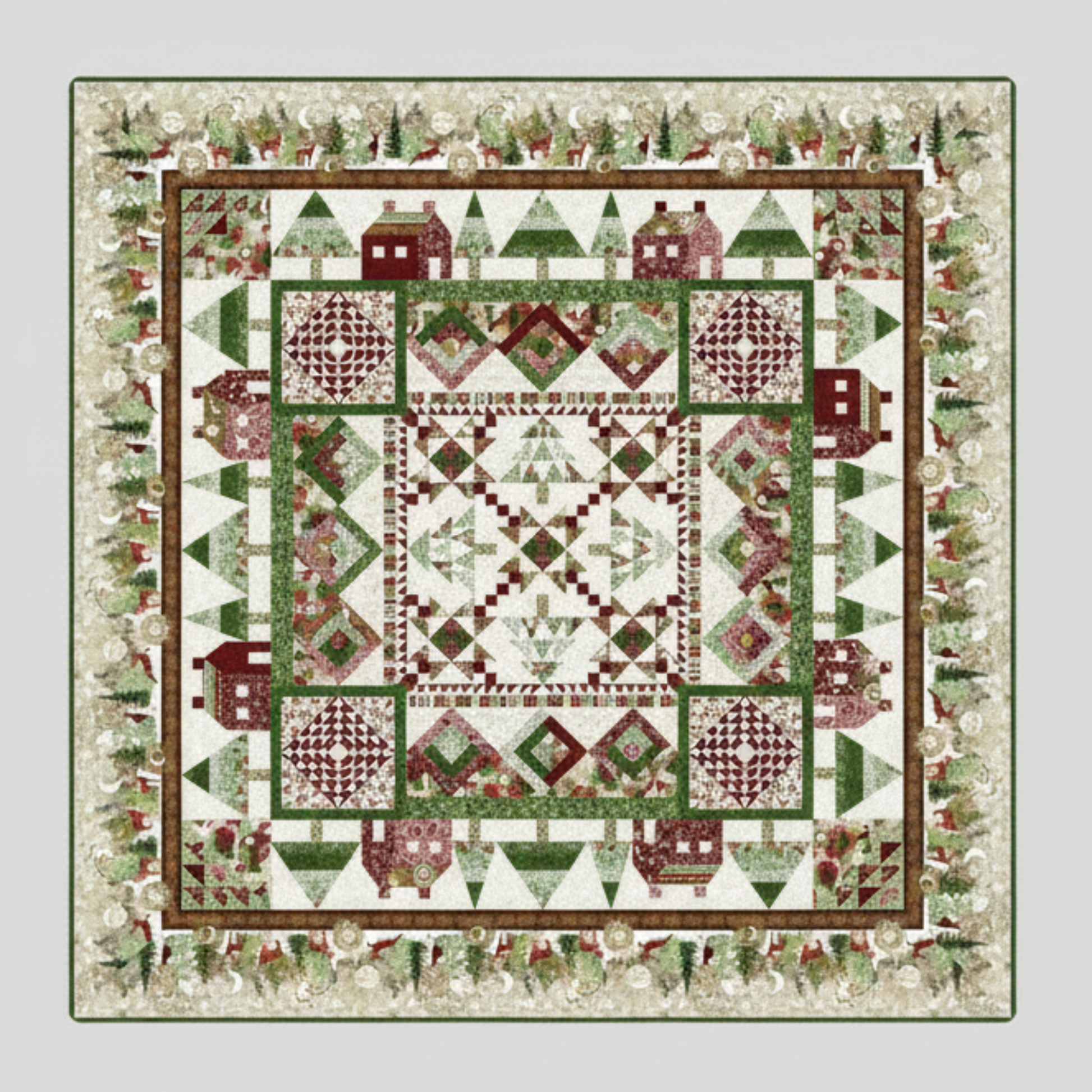 Quilt with a festive pattern featuring houses and trees on a white background