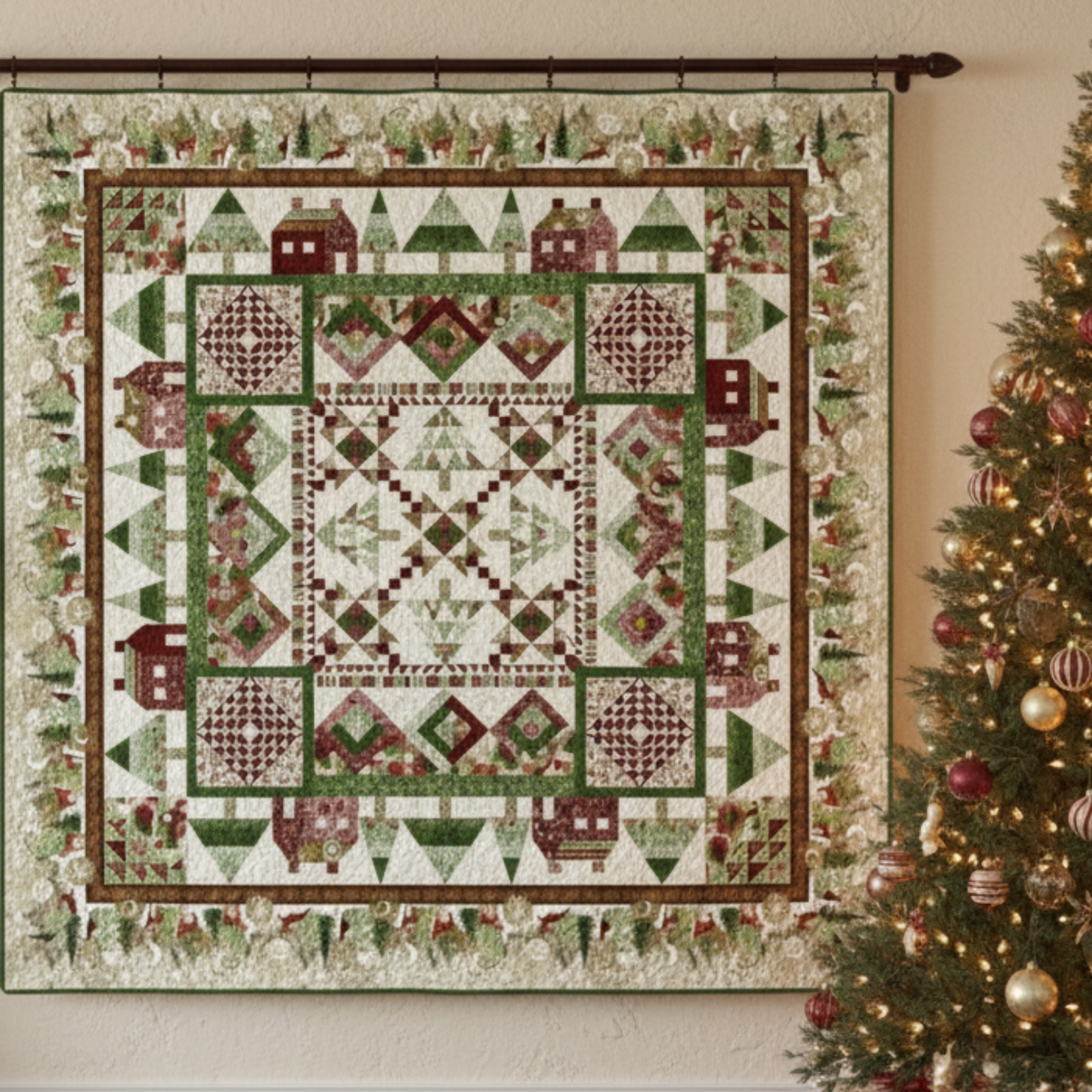 Quilt with geometric pattern displayed on a wall next to a decorated Christmas tree.