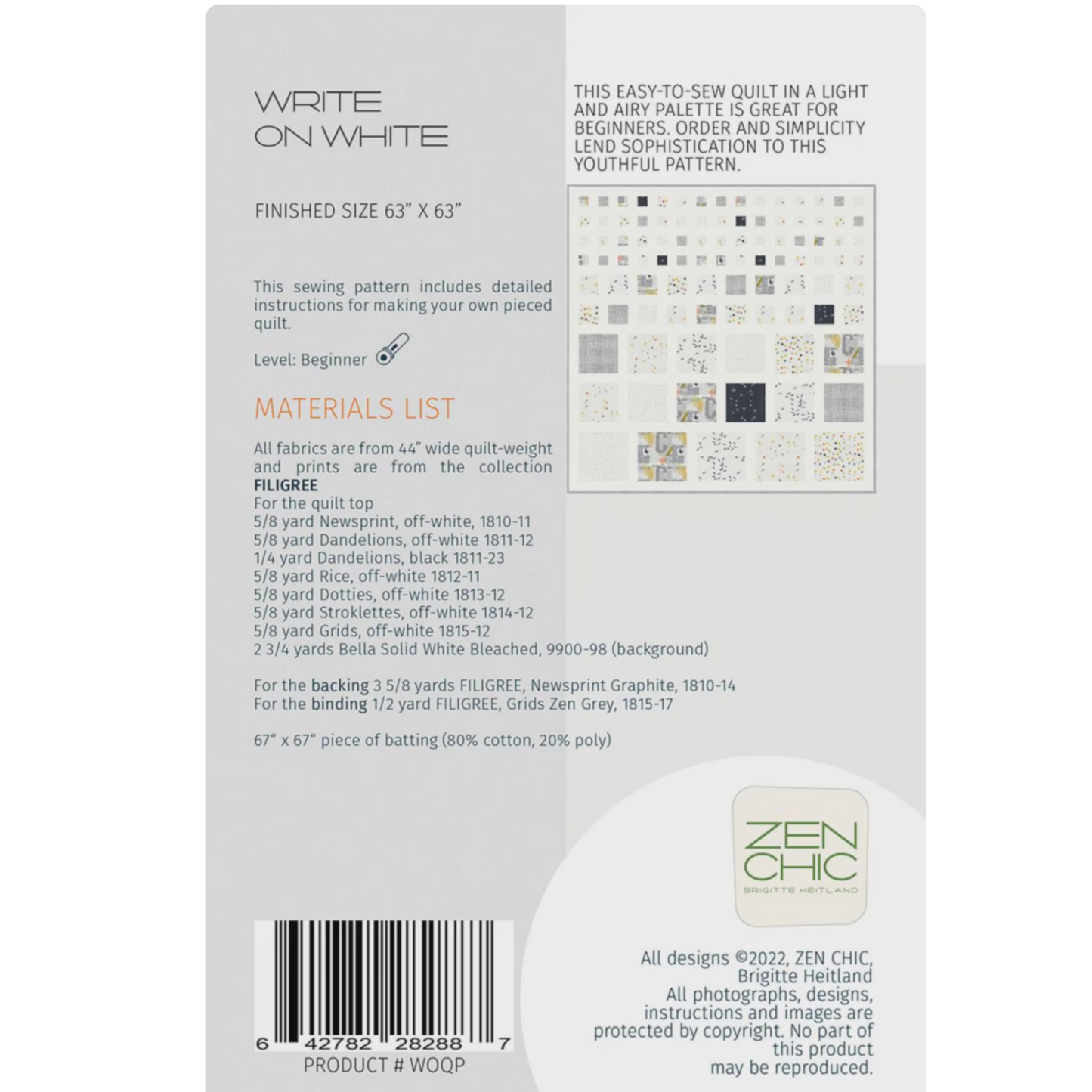 ZEN CHIC sewing pattern packaging with text and material list on a white background