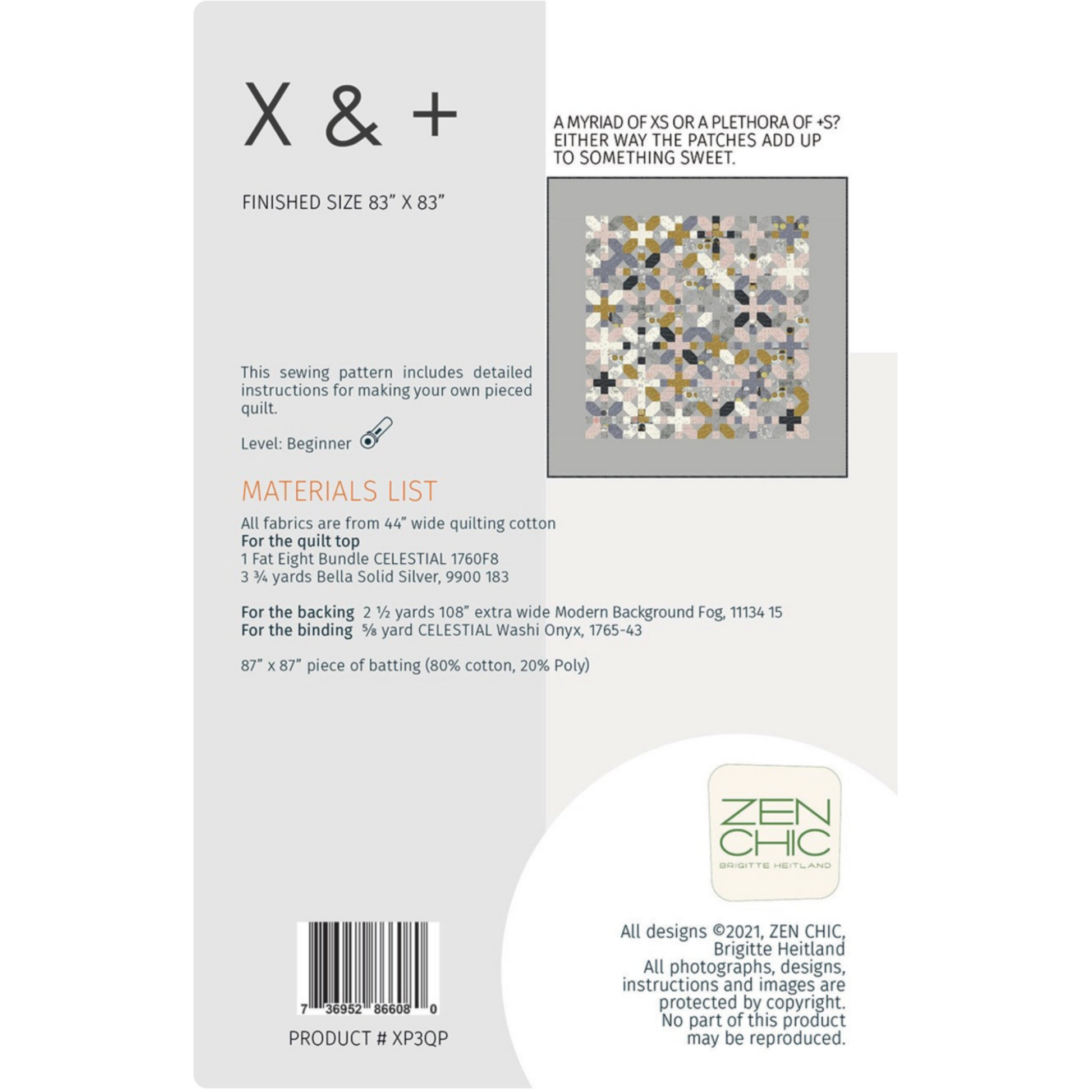 Sewing pattern packaging with text and a small fabric swatch on a white background