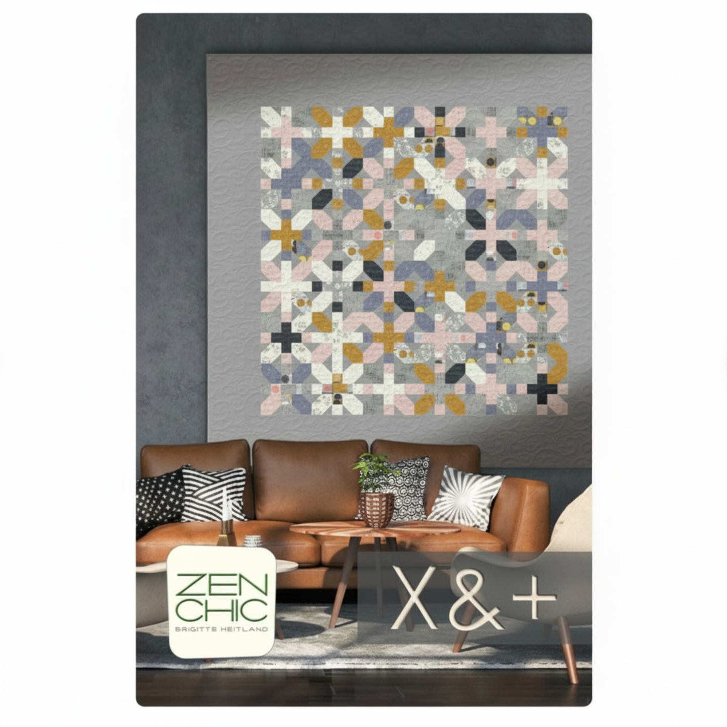 Modern living room with a geometric patterned wall art piece, brown sofa, and decorative items.