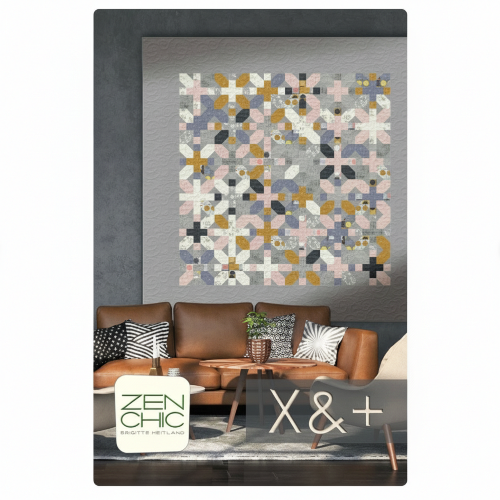Modern living room with a geometric patterned wall art piece, brown sofa, and decorative items.