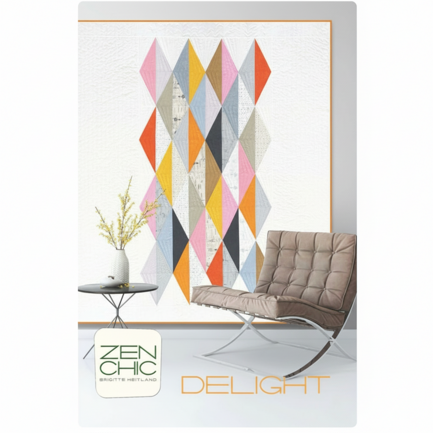 Decorative poster with geometric design, chair, and table on a white background with 'Zenchic' branding.