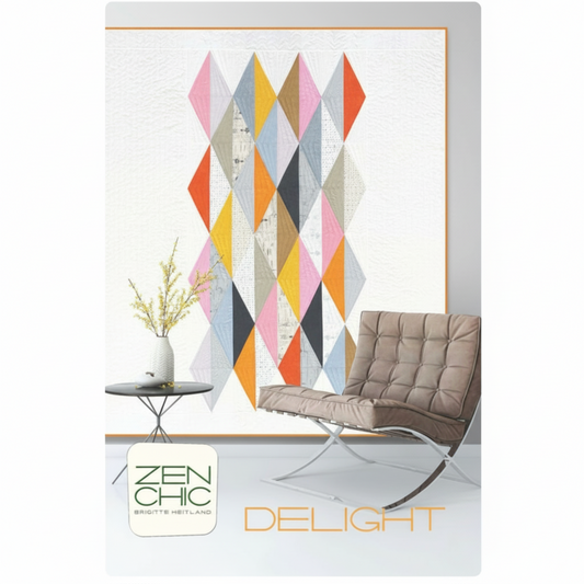 Decorative poster with geometric design, chair, and table on a white background with 'Zenchic' branding.
