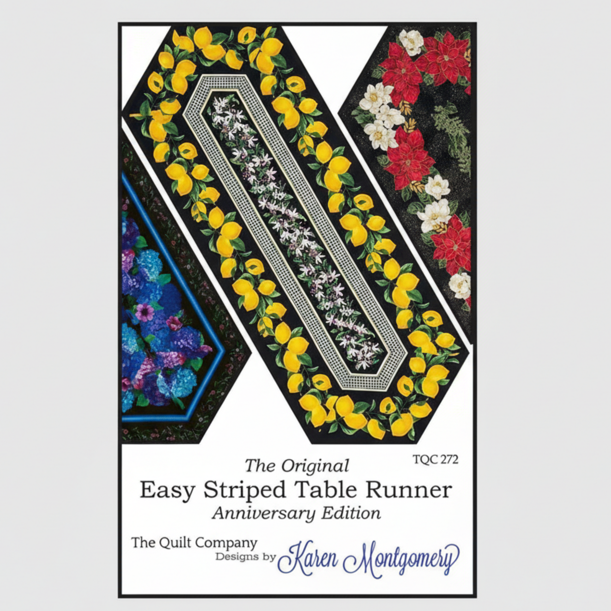 Quilt pattern for an easy striped table runner with floral designs on a white background