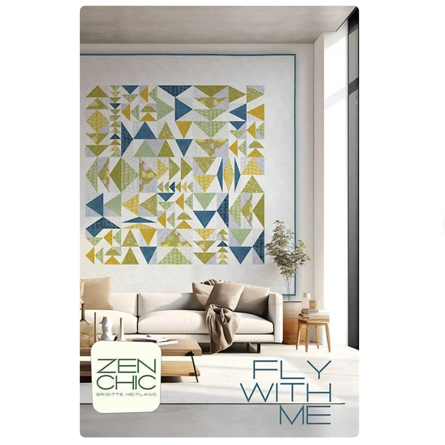 Living room with a geometric patterned wall art and 'Zen Chic' branding.