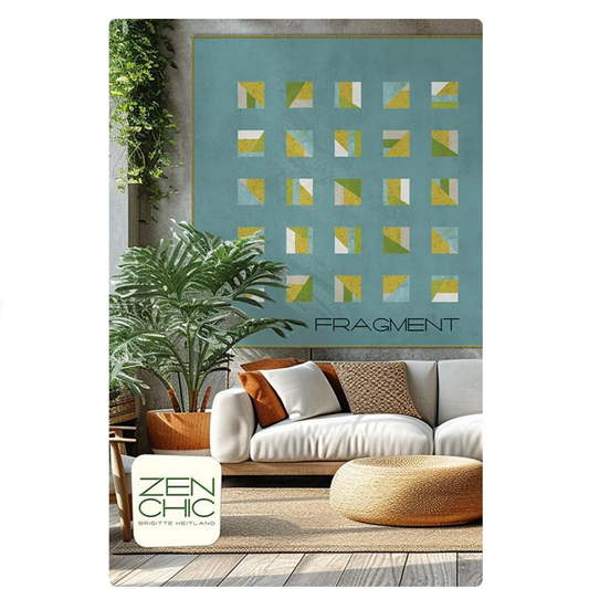 Modern living room with a 'Fragment' wall art piece and 'Zen Chic' branding.