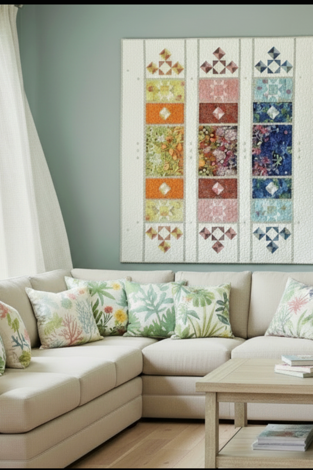 Living room with a beige sectional sofa, decorative pillows, and a wall quilt.