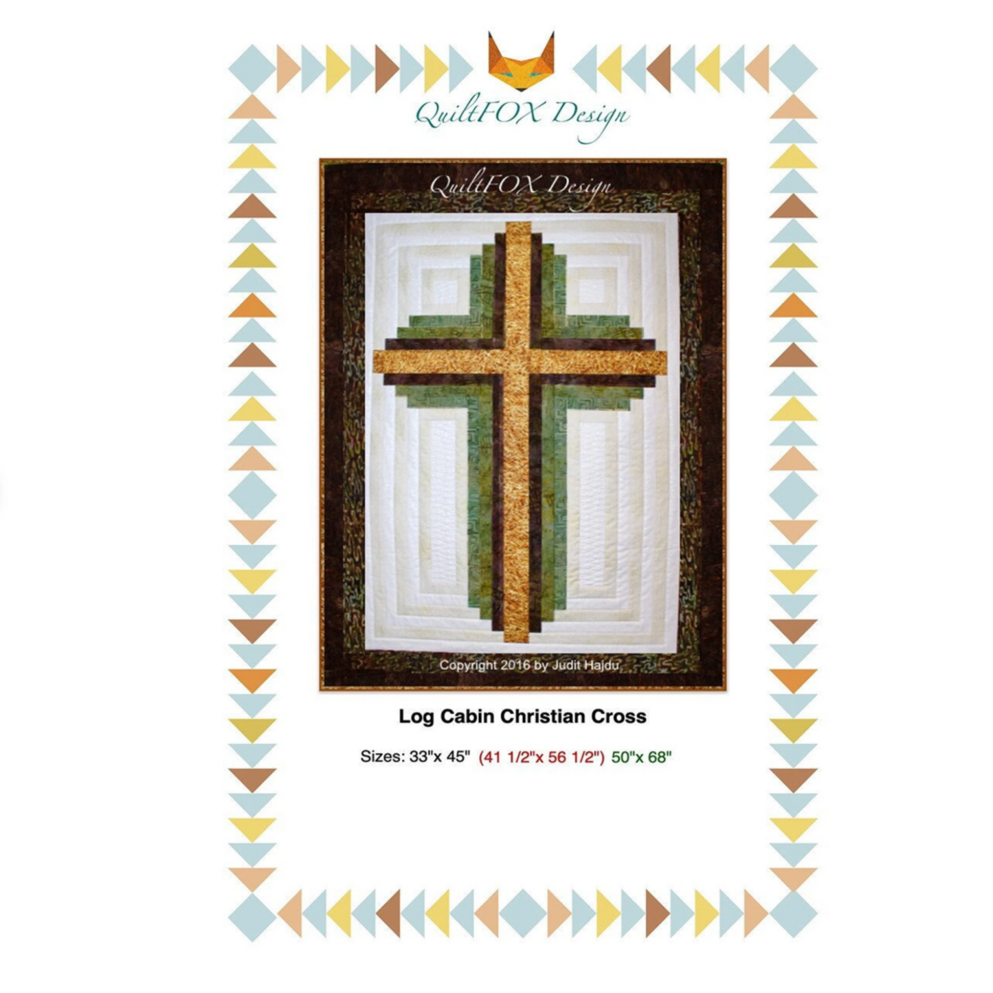 Quilt pattern for a Log Cabin Christian Cross with QuiltFOX Design branding.