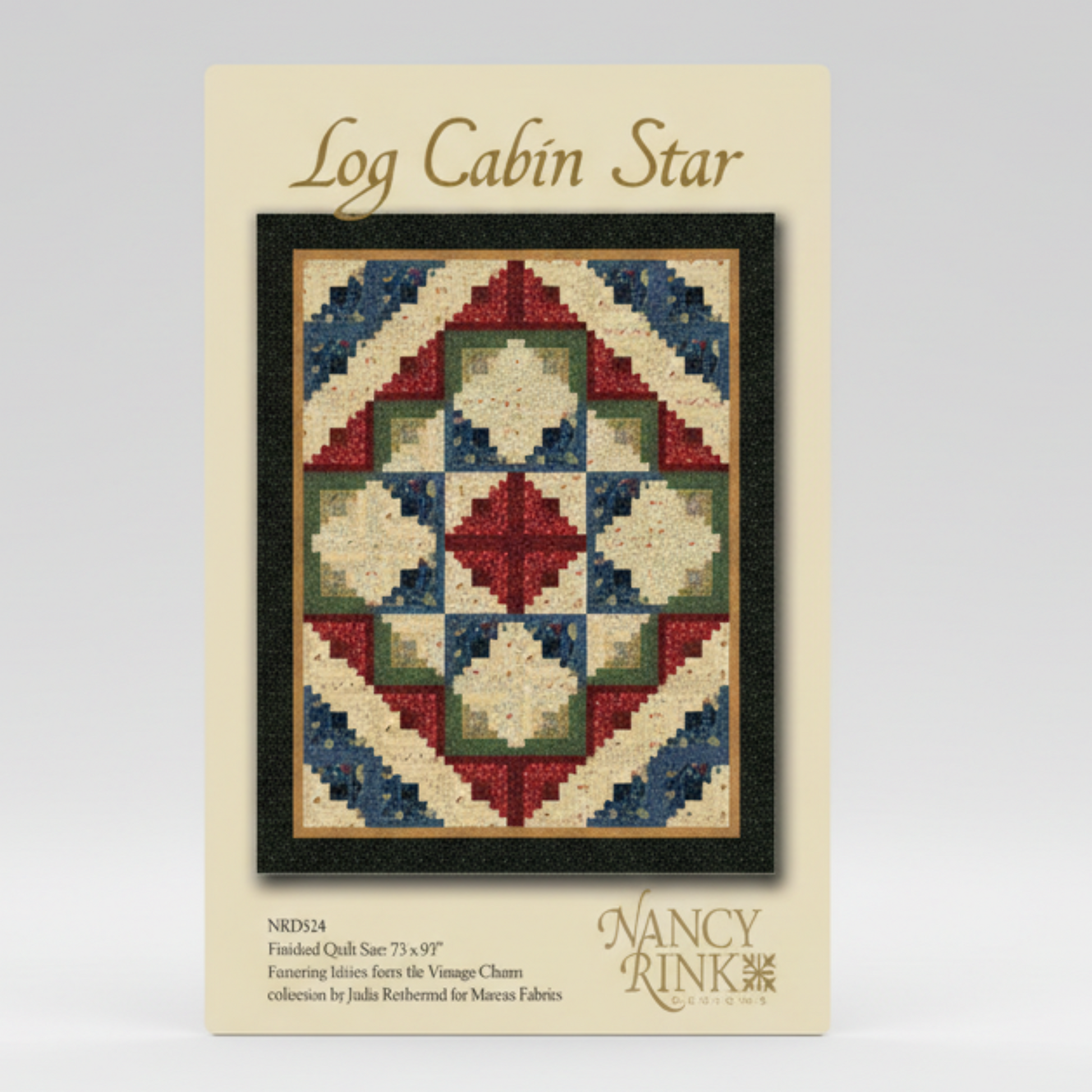 Nancy Rink Log Cabin Star quilt pattern with colorful geometric design on a beige background