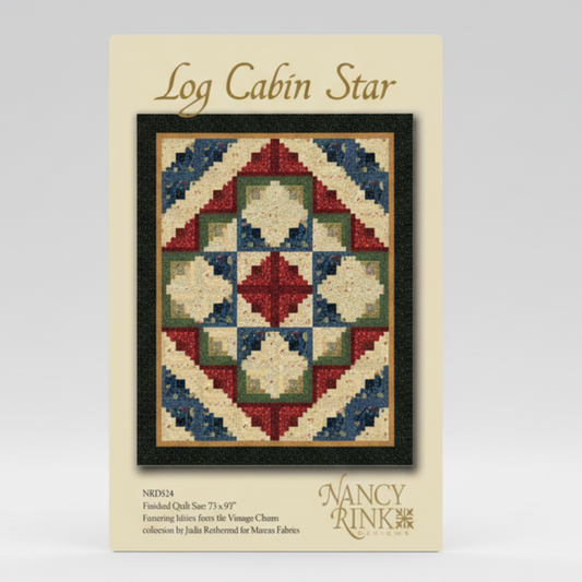Nancy Rink Log Cabin Star quilt pattern with colorful geometric design on a beige background